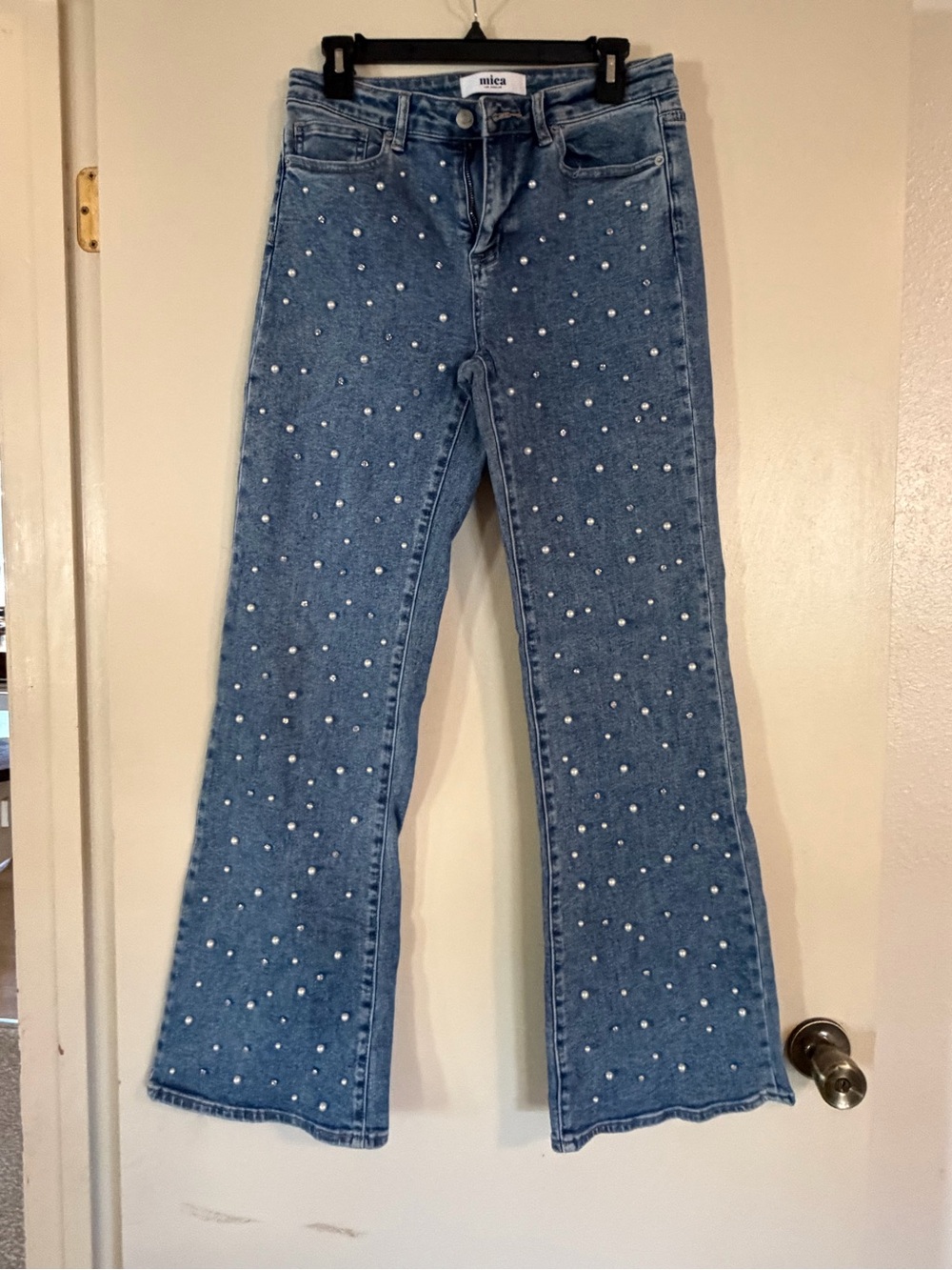 Mica Los Angeles Blue Pearl-Embellished Flare Jeans